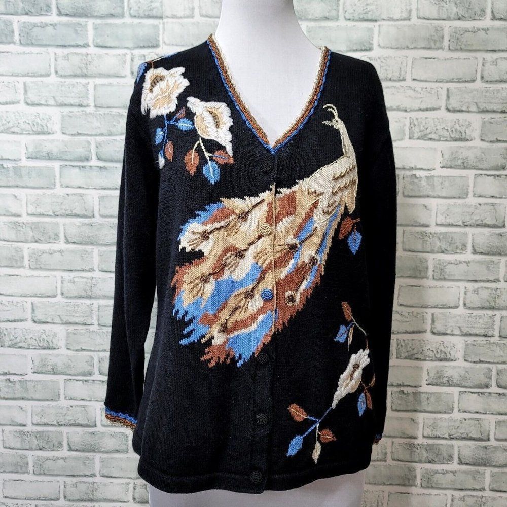 Storybook Knits‎ Womens Plus 1X Embroidered Peacocks & Peonies Cardigan Sweater